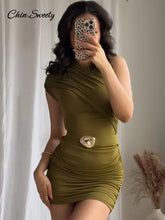 Sexy One-shoulder Pleat Short Dress Women Solid Skew-collar Metal Button Hip-package Dresses 2025 Summer Party Club Vestidos